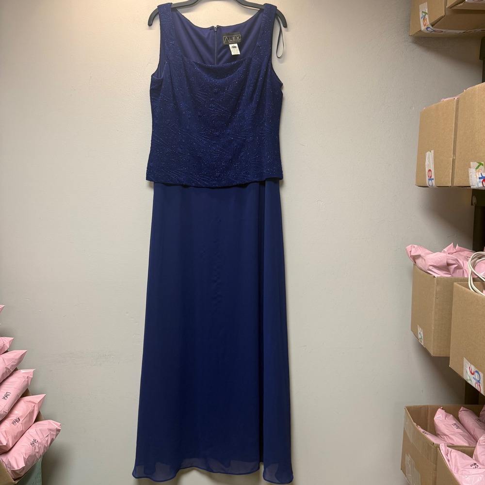 Alex Evenings Gown Women 16 Royal Blue Excellent Glitter Bodice Chiffon Skirt
